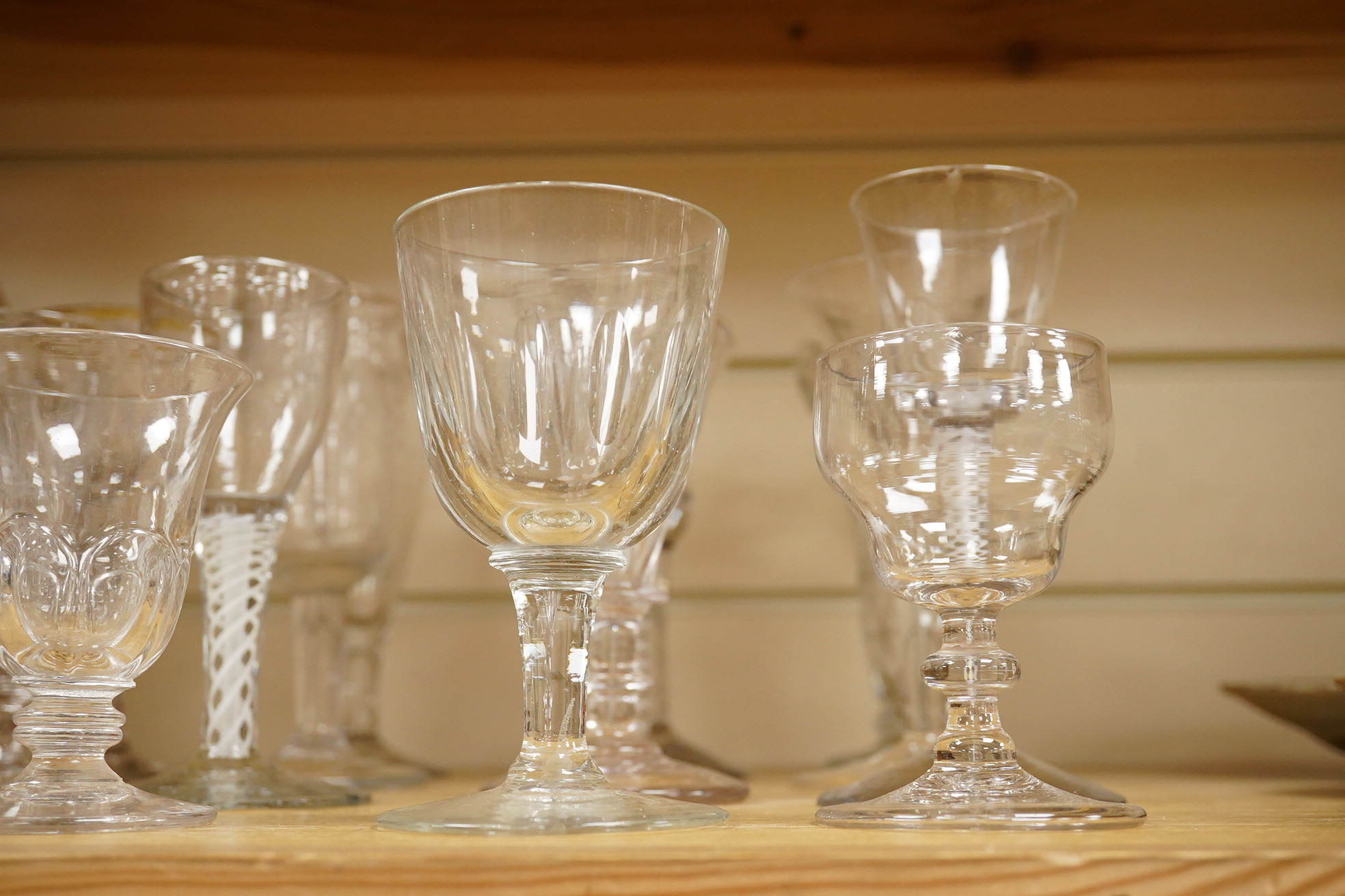 Eighteen various Georgian and later wine glasses, and a Bristol Music Festival goblet, latter 16cm